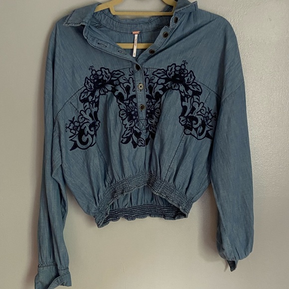 Free People Embroidered Cropped Denim Top - Picture 1 of 3